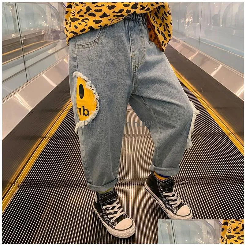 jeans boys girls yellow face high waist elastic denim pants childrens clothing fashion cute print trousers 413yrs 230616