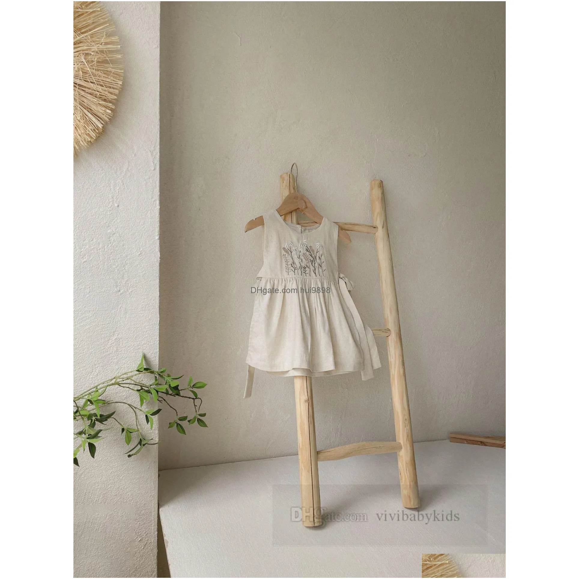 infant kids cotton linen vest dresses little girls floral embroidery lace-up bows princess dress 2024 spring baby soft comfortable clothes
