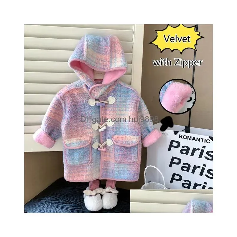 coat winter thick warm fur hooded coats for girls korean style kids fashion rainbow color plaid lambswool overcoats children clothes