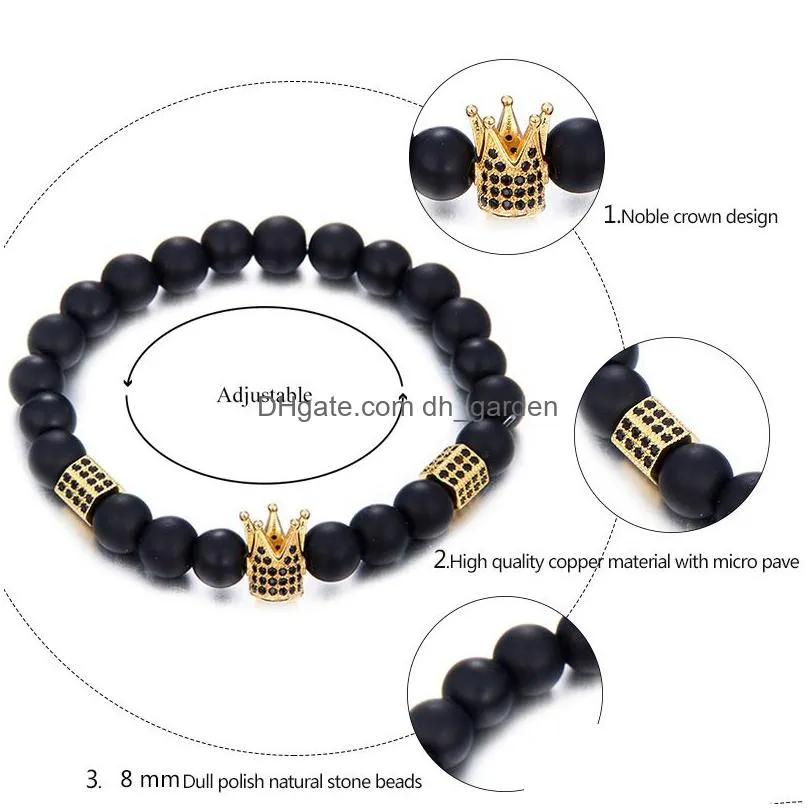 Beaded High Quality Noble Crown 8Mm Black Beads Bracelet For Women Men Natural Stone Copper Inlayed With Zircon Charm Trend Dhgarden Dhrm3