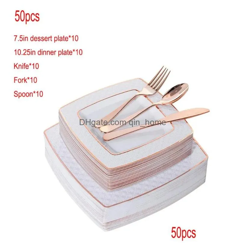 disposable dinnerware 50 tableware golden rose gold square plastic dinner plate with silverware set birthday wedding party supplies