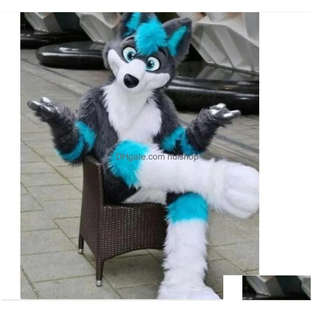 long fur furry grey wolf husky dog fox fursuit mascot costume adult cartoon character halloween carnival fancy