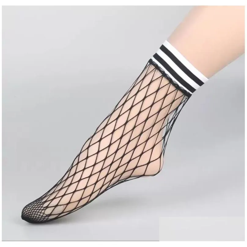 fishnet anklet socks fashion womens big net mesh striped crew cuff ankle short stockings black white