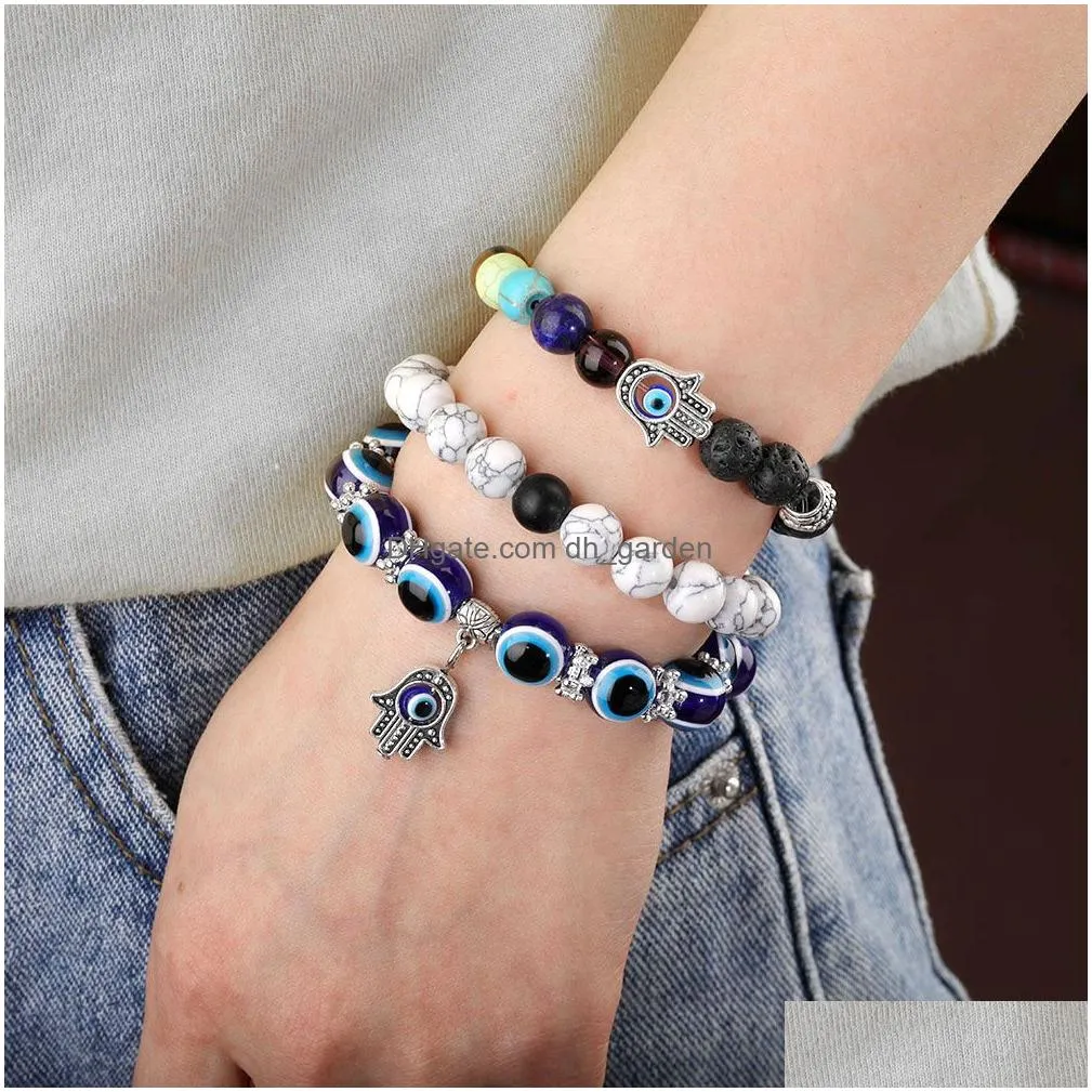 Chain 2Pcs/ Set Fashion Evil Blue Eye Acrylic Beads Chain Bracelet For Women Turkish Hamsa Hand Fatima Palm 7 Chakras Volca Dhgarden Dhdpl