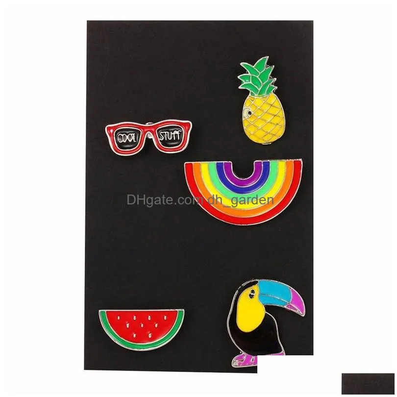 Pins, Brooches 5Pcs/Set Rainbow Watermelon Crow Brooch Pin For Women Catoon Pineapple Sunglass Enamel Lapel Collar Set Fash Dhgarden Dhpjk