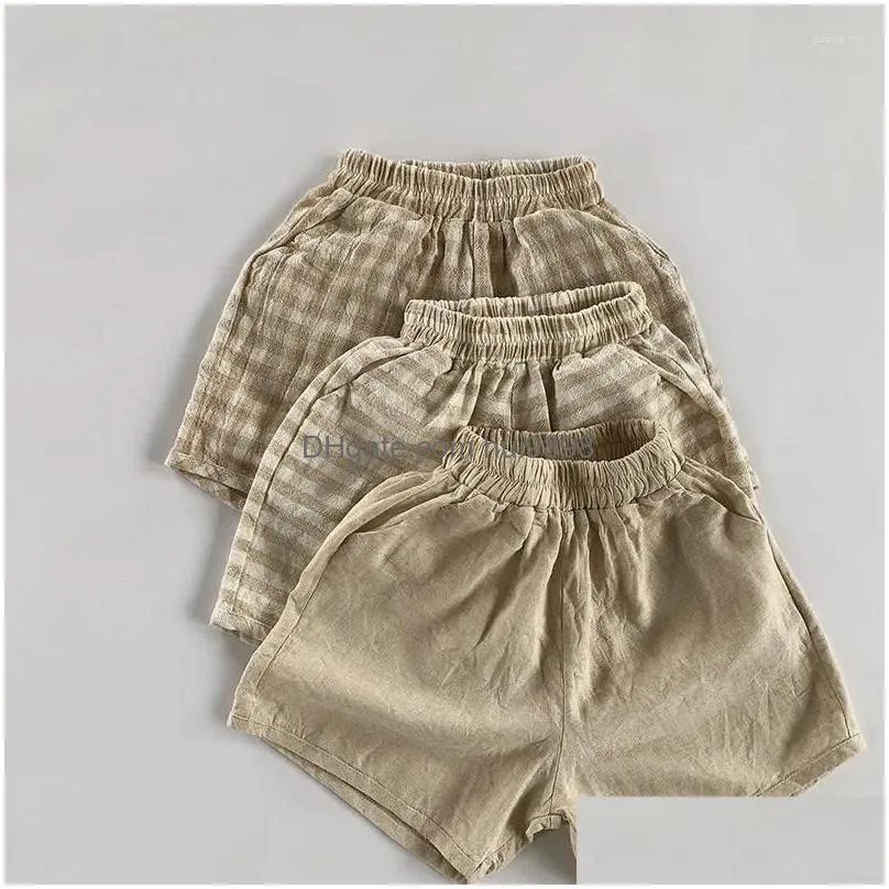 shorts cotton linen thin plaid 2024 summer kids pants casual boy girls short trousers toddler wear children clothes for 1-8y