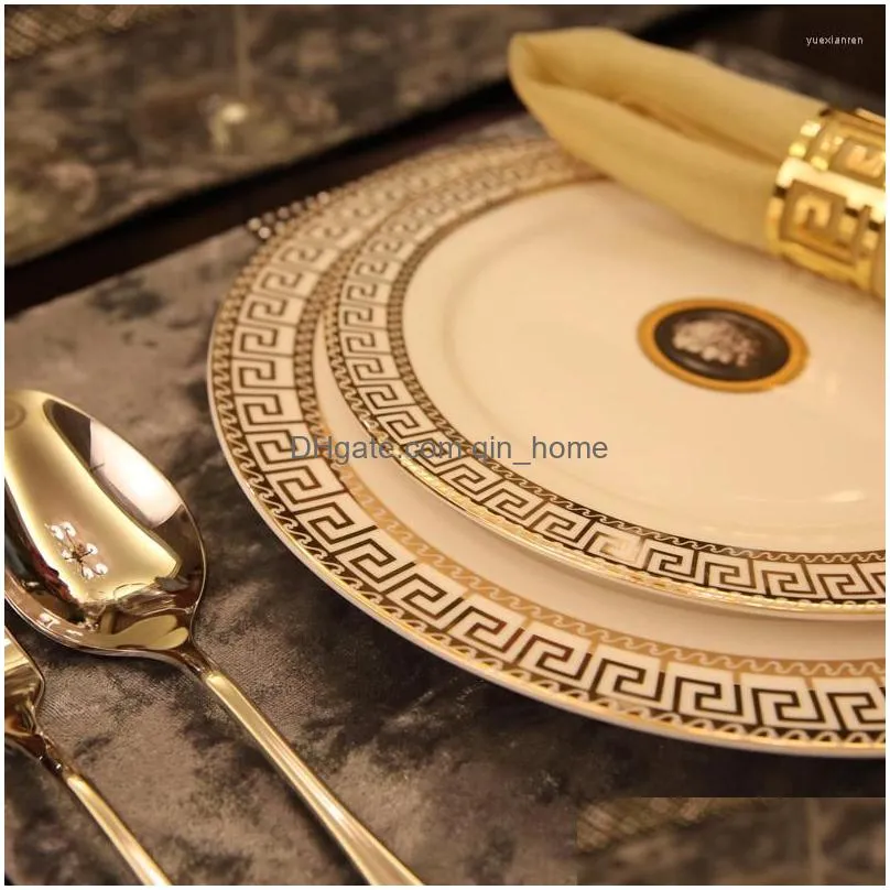 plates party set tableware gold ceramic dinner cutlery luxury servies complete