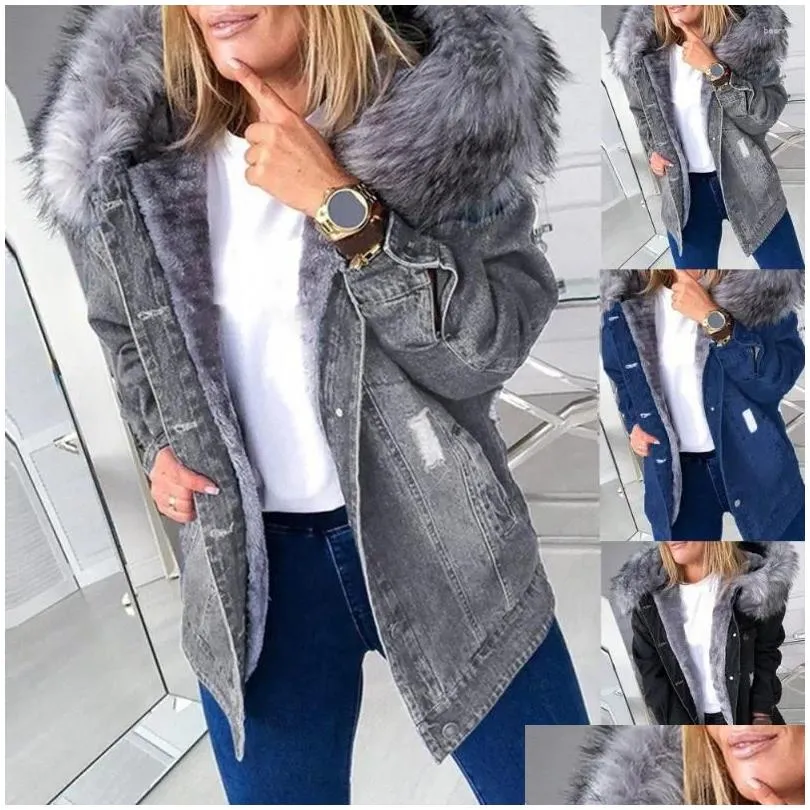 Women`S Jackets Womens Jackets Winter Women Long Sleeve Faux Fur Hood P Warm Jacket Ripped Buttons Denim Coat 2024 Fashion Casual Drop Ot0Ho