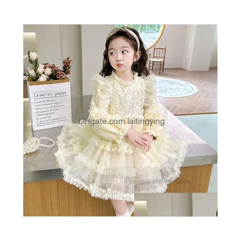 lolita girls tiered lace falbala cake dresses kids embroidery flare sleeve gauze princess dress 2024 spring children birthday party clothes