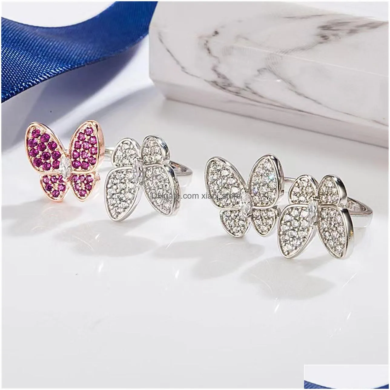 irregular diamond ring s925 sterling silver lucky designer mother of pearl butterfly open style womens fashion ring box