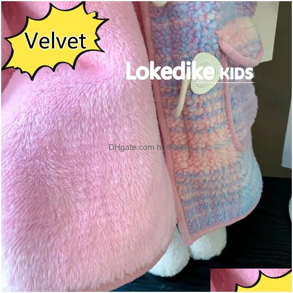 coat winter thick warm fur hooded coats for girls korean style kids fashion rainbow color plaid lambswool overcoats children clothes