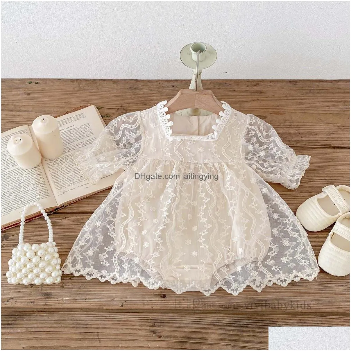 ins summer baby girls lace embroidery romper dress toddler kids square collar puff sleeve jumpsuits born kid 1st birthday party clothes