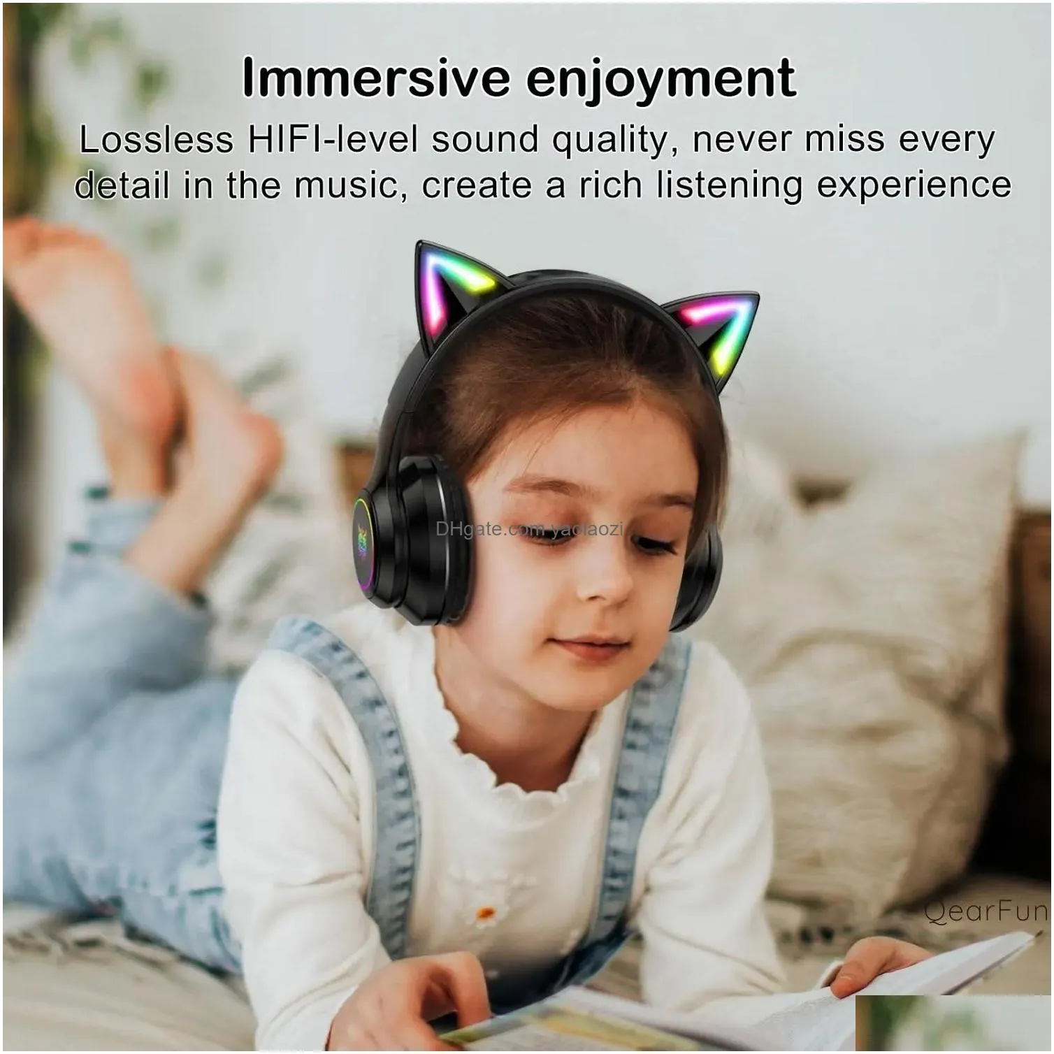 earphones onikuma b90 rgb cat ear wireless bluetooth headset for girl noise canceling headphones over ear phone earphones rgb led