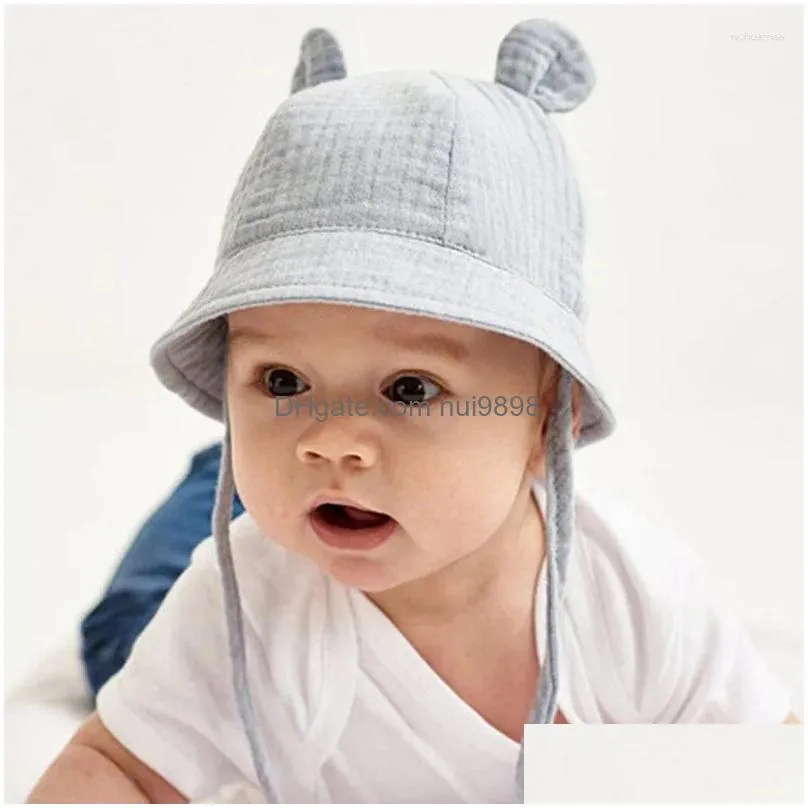 hats baby ear sun hat cotton breathable panama cap summer bucket solid color 3-12m prevent with tie rope