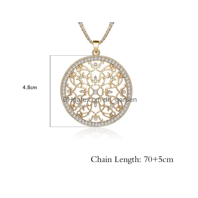 Pendant Necklaces Elegant Big Round Crystal Pendant Necklace Sier/Gold Color Hollow Out Long Chain Statement Jewelry For Wom Dhgarden Dhxvr