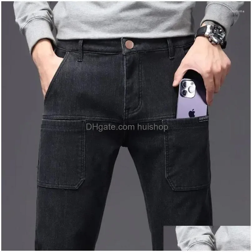 mens jeans autumn winter men fleece thick straight solid streetwear fashion loose versatile multiple pockets chic casual pants