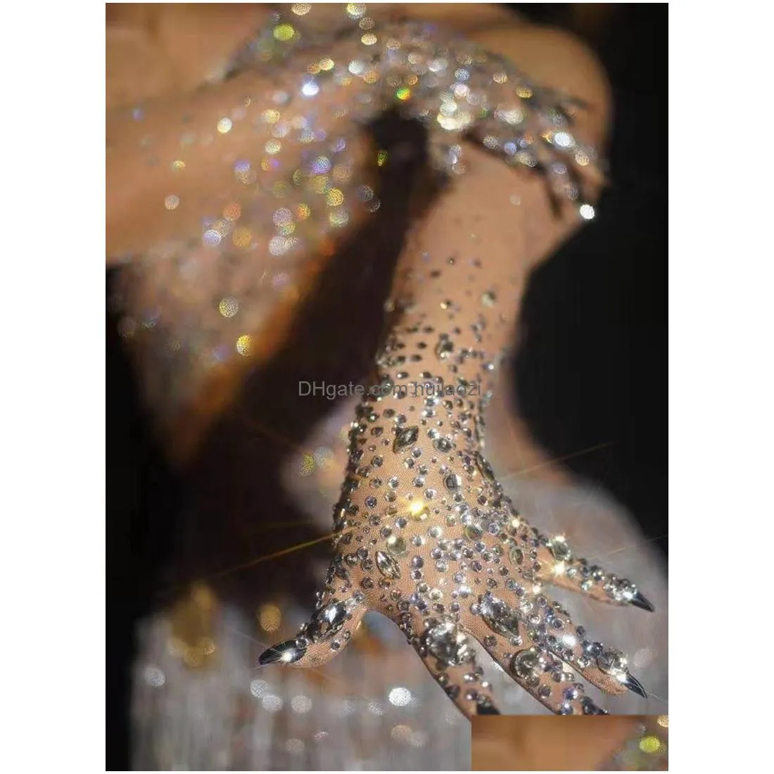 five fingers gloves luxurious stretch rhinestones women sparkly crystal mesh long dancer singer nightclub dance stage show