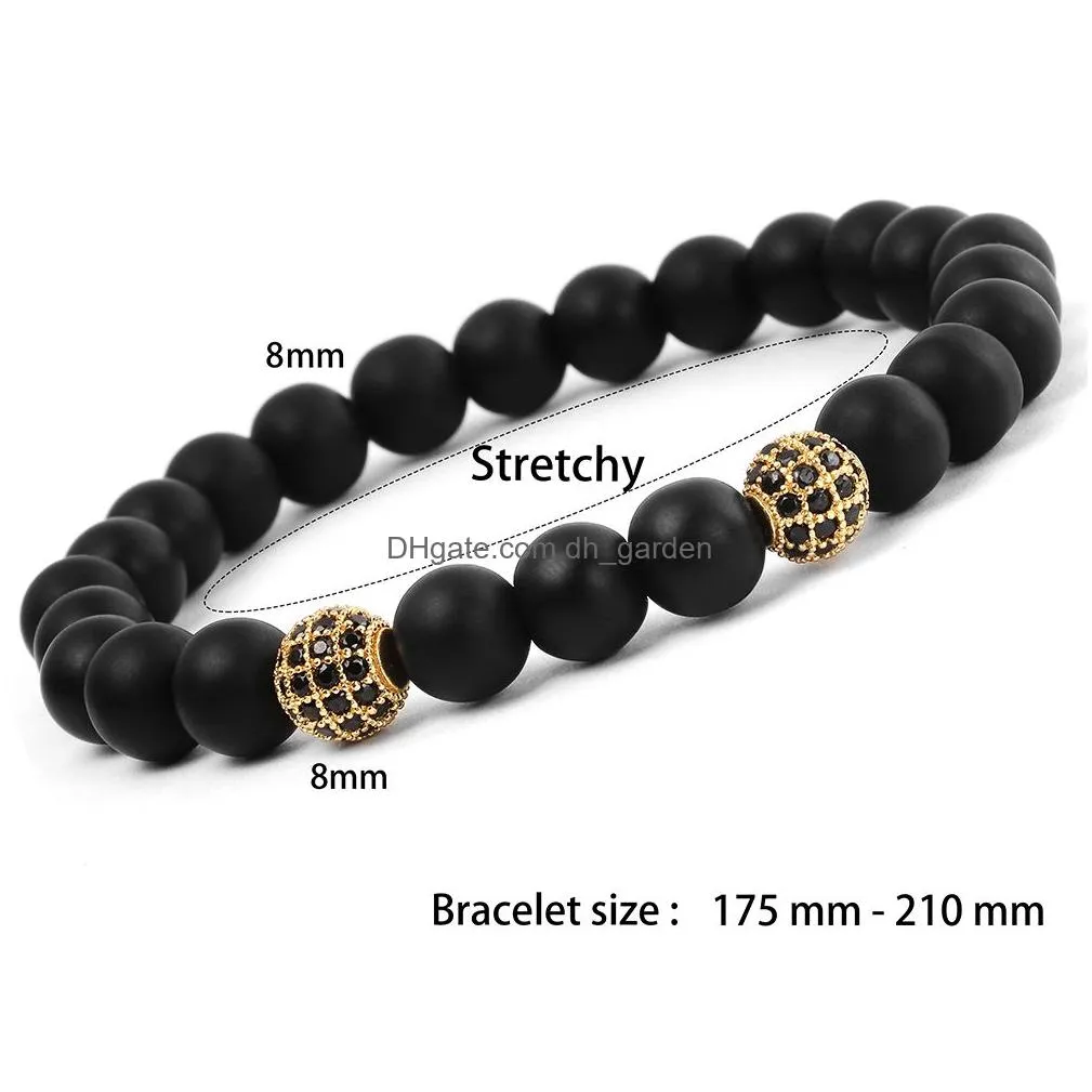 Beaded Fashion Natural Stone Black Matte Beaded Strands Bracelet For Women Men Healing Ncing 8Mm Beads Micro Zircon Pave Be Dhgarden Dh4Av