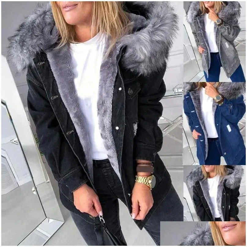 Women`S Jackets Womens Jackets Winter Women Long Sleeve Faux Fur Hood P Warm Jacket Ripped Buttons Denim Coat 2024 Fashion Casual Drop Ot0Ho