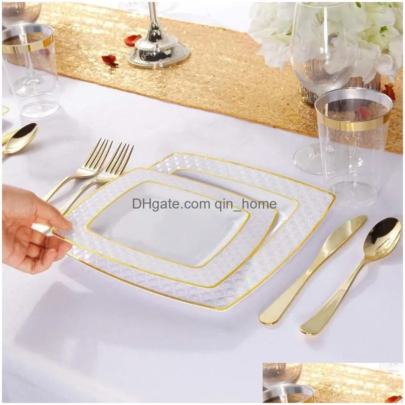 disposable dinnerware 50 tableware golden rose gold square plastic dinner plate with silverware set birthday wedding party supplies