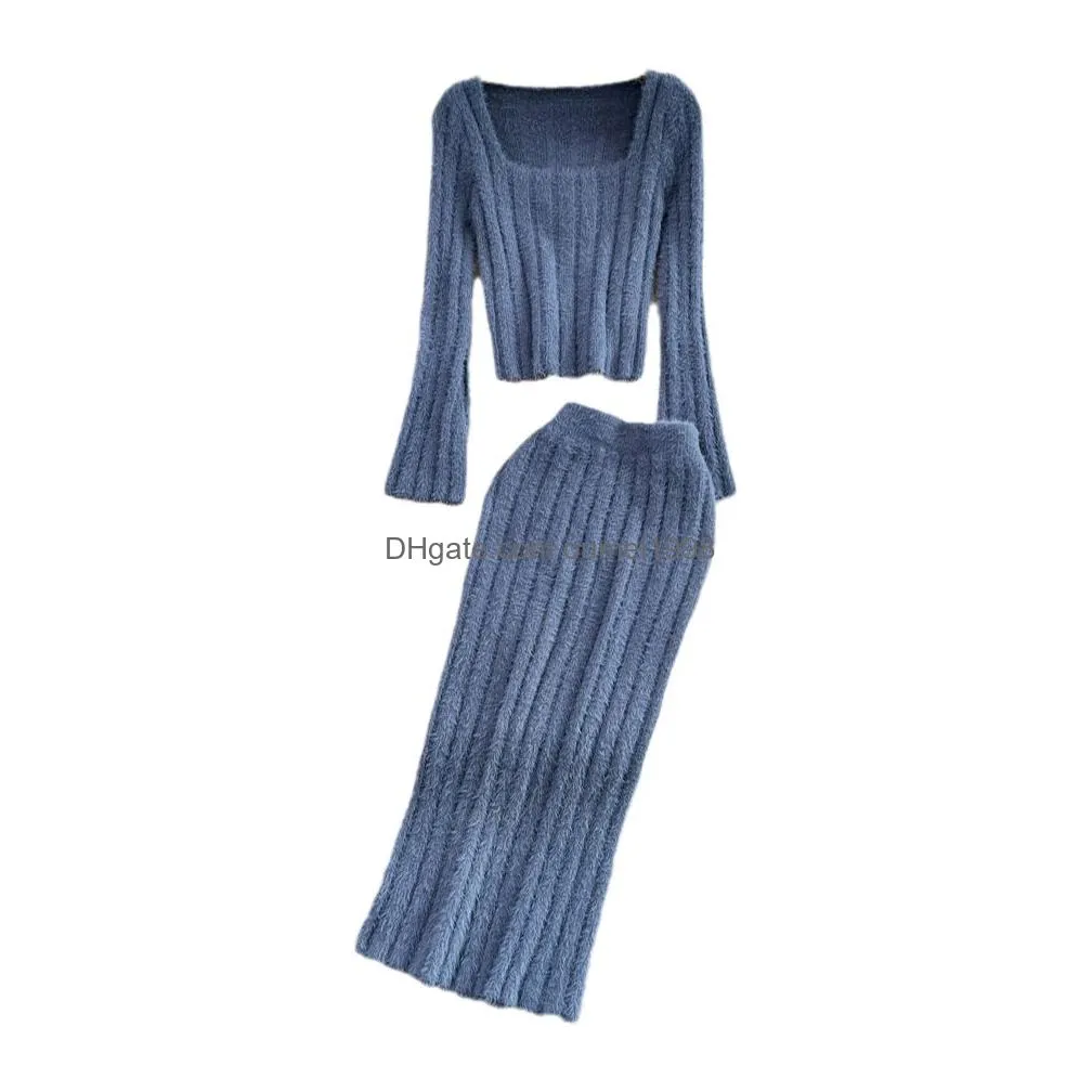 Two Piece Dress Womens Mohair Wool Knitted Square Collar Sweater And Midi Long Skirt 2 Piece Dress Suit Drop Delivery Apparel Women`S Dhxar