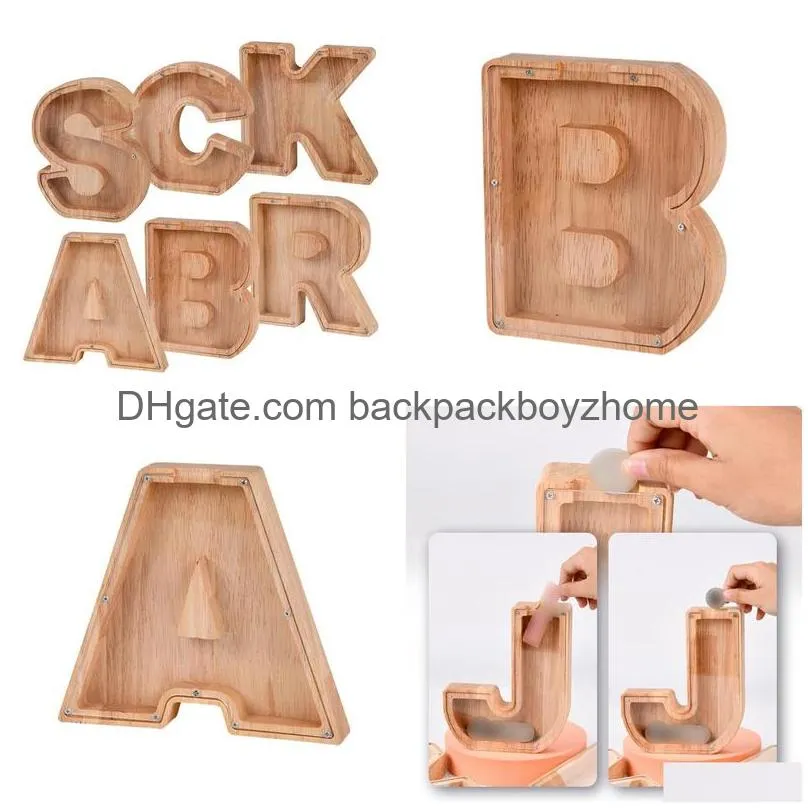 Storage Bottles & Jars Wooden Money Storage Jar Transparent Saving Box 26 English Alphabet Letter Piggy Banks Diy Creative Gift Drop D Dh3Yl