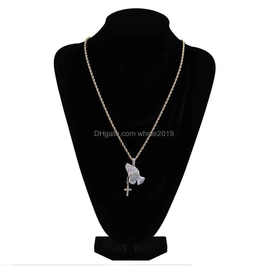 Pendant Necklaces Vintage 18K Gold Plated Christian Cross Prayer Gestures Pendant Necklace Twist Chain Iced Out Cz Zirconia Jewelry Gi Dhwyk