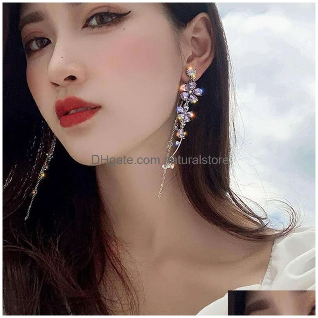 Other Fxmimior Sier Long Flower Earrings Purple Rhinestones Big Dainty Floral Drop Statement Charm Earring Body Jewelry For Women And Dhufe