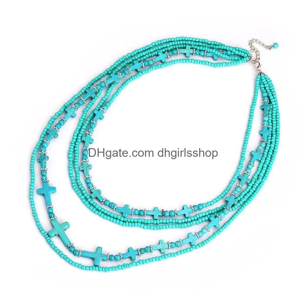 Beaded Necklaces Mtilayer Turquoise Cross Necklaces Fashion Bohemia Stone Choker Jewelry Gift For Women Retro Glass Beads Chain Beaded Dhi9B