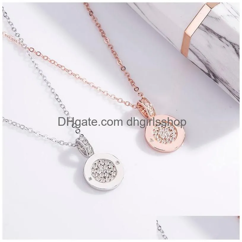 Pendant Necklaces Double Sided Round Pendant Necklaces For Women Rose Gold Luxury Rhinestone 925 Sterling Sier Choker Necklace Fashion Dhxji