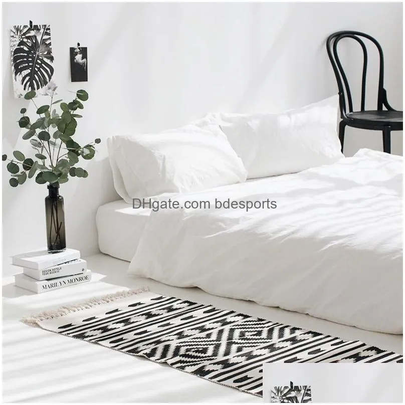 Carpets Kilim Black White 100% Cotton Living Room Carpet Geometric Indian Rug Stripe Modern Mat Contemporary Design Bohemia Nordic Dro Dhnzy