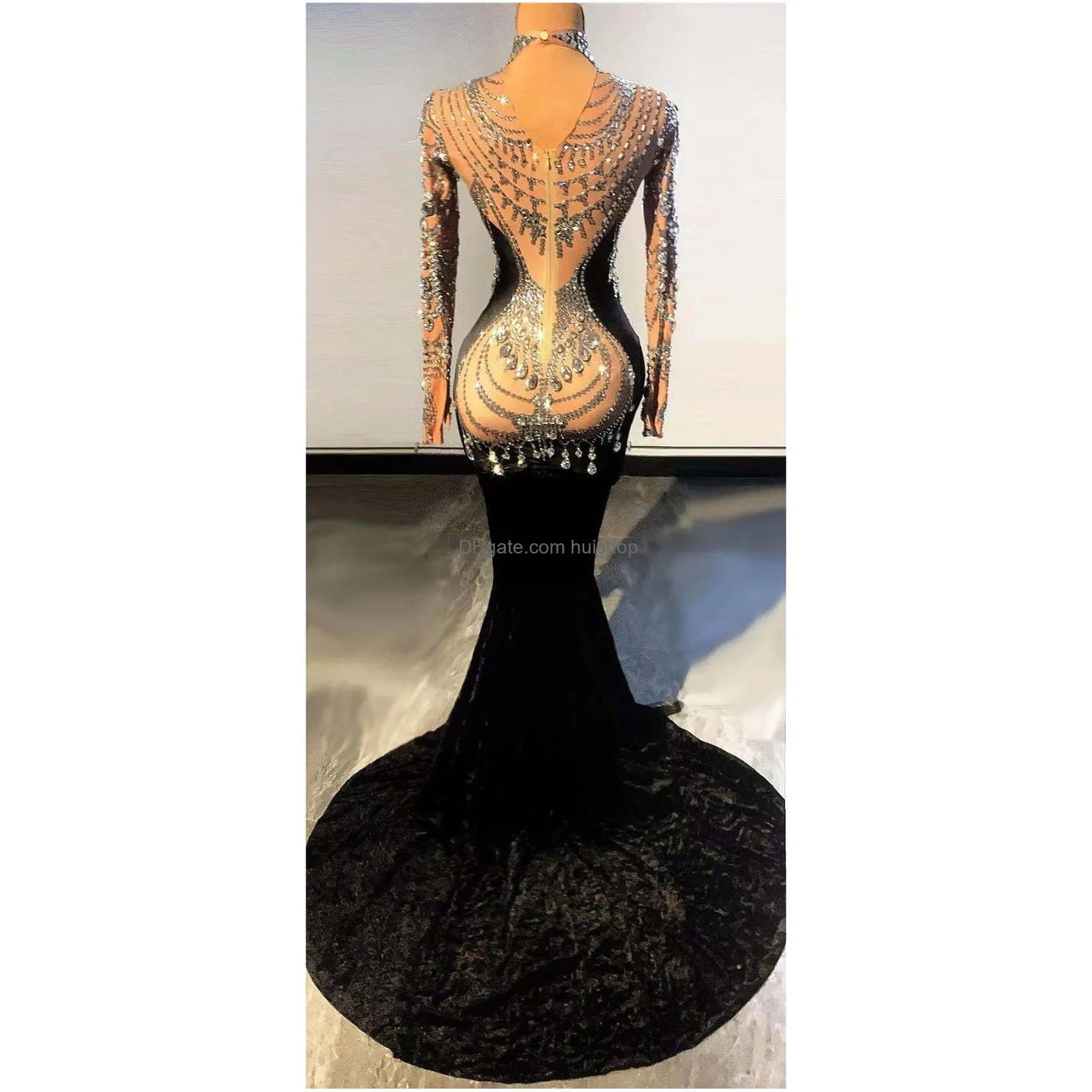 casual dresses high quality elegant black velvet mermaid shining crystal sexy evening long prom club party stage costumes 221121