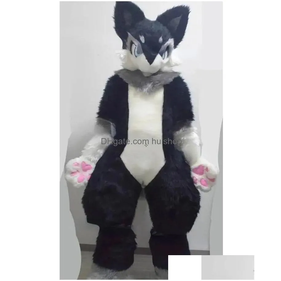 Mascot Black Medium Long Fur Husky Fox Costume Walking Halloween Suit Party Role Play Drop Delivery Apparel Costumes Dhq0B