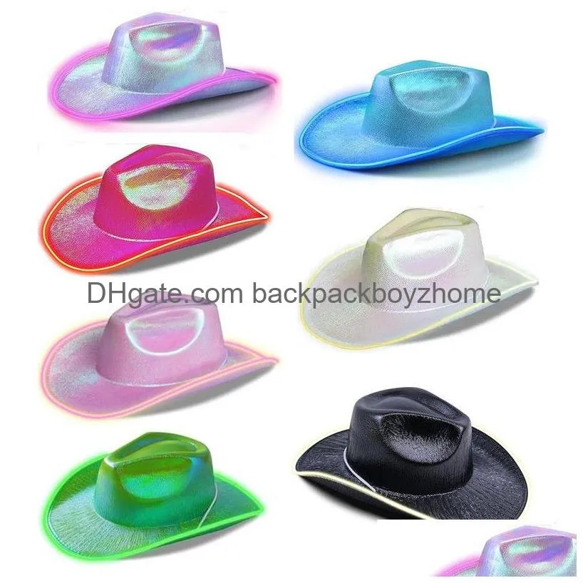 Party Hats Holographic El Wire Led Flashing Light Up  Hats Neon Sparkly Glitter Space Cowgirl Hat Fluorescent Luminous For Hallo Dh167