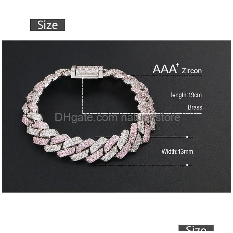 Chain Link Chain Fashion Sier Pink Color Matching Zircon Strip Cuban Bracelet Hip Hop For Men And Drop Delivery Jewelry Bracelets Dhc6W