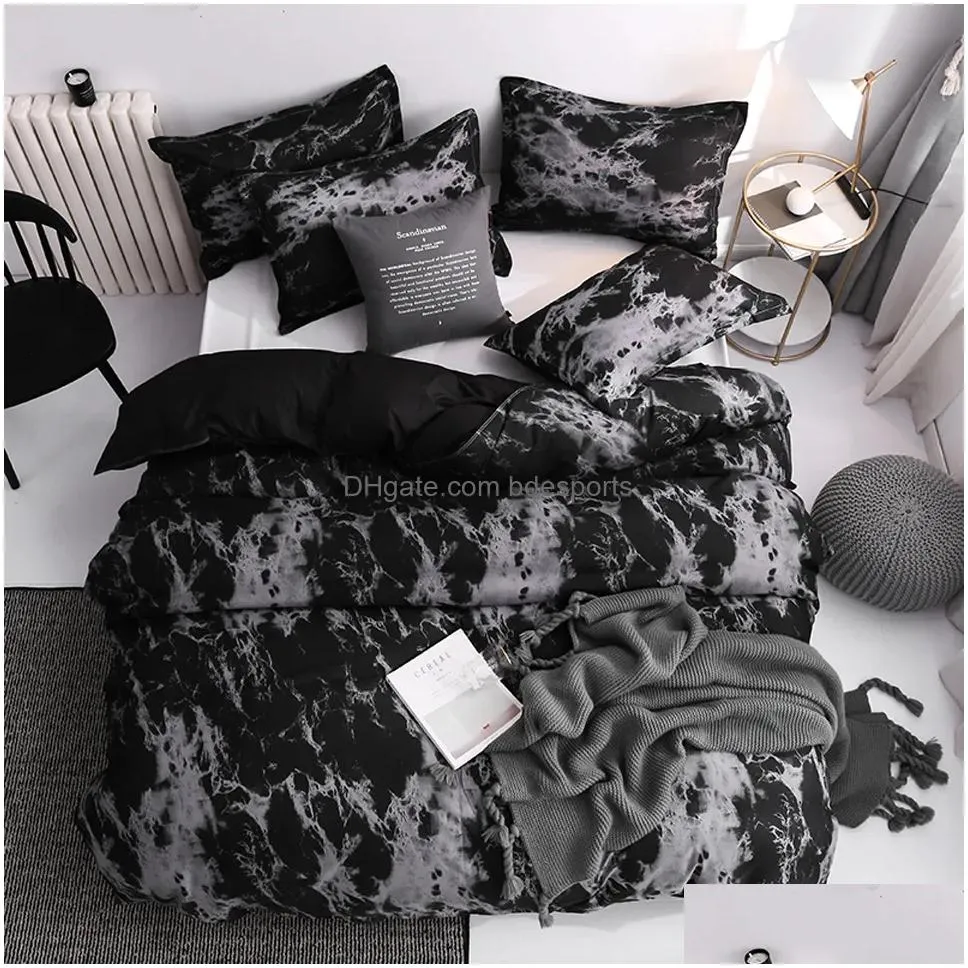 Bedding Sets Luxury Black Bedding Set Queen King Single Fl Size Polyester Bed Linen Duvet Er Modern Bird Plaid With Pillowcase Drop De Dhw3M