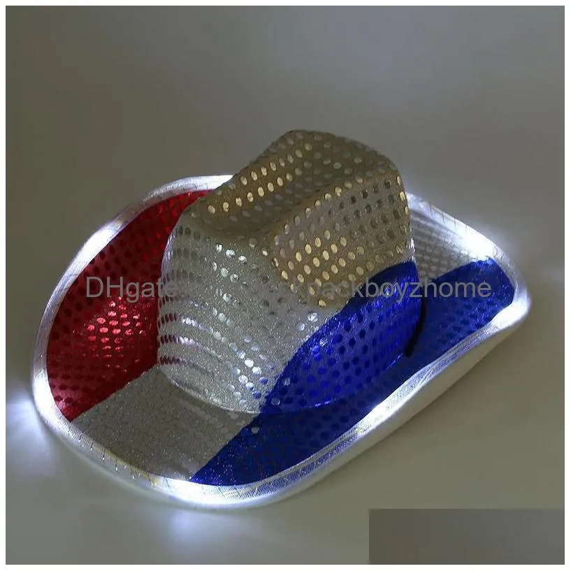 Party Hats Red White And Blue Usa Patriotic Light Up  Hats Led Flashing Luminous American Sequin Cowgirl Hat For Western Indepen Dhipw