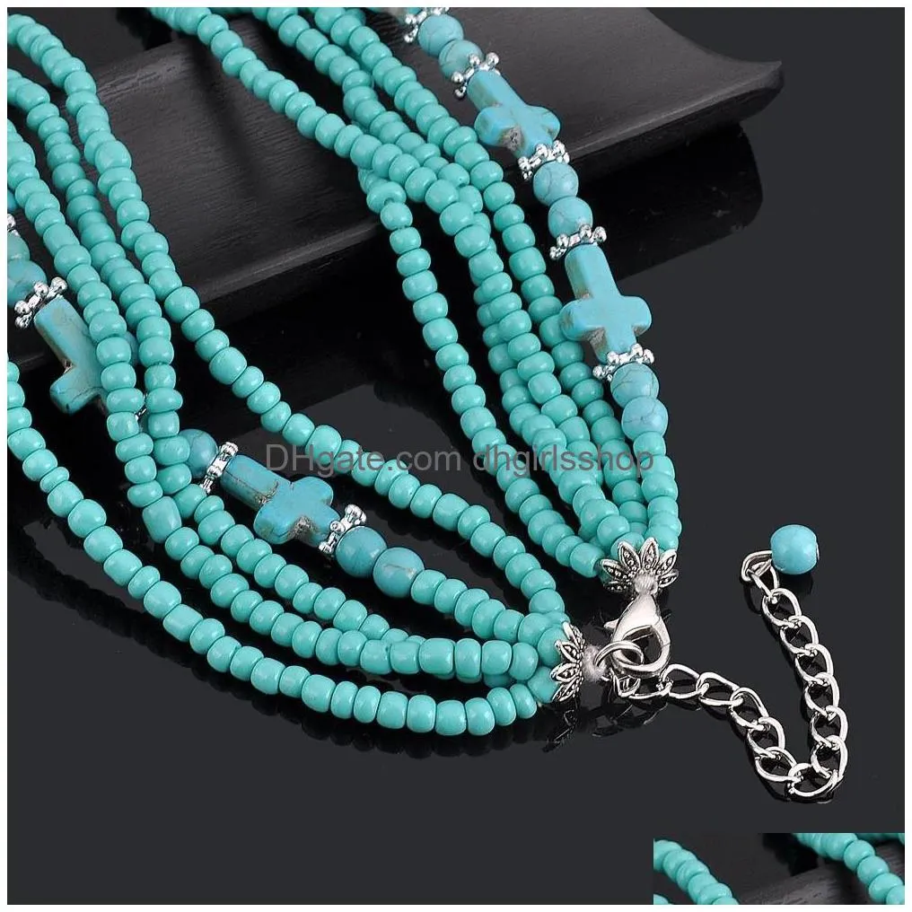 Beaded Necklaces Mtilayer Turquoise Cross Necklaces Fashion Bohemia Stone Choker Jewelry Gift For Women Retro Glass Beads Chain Beaded Dhi9B