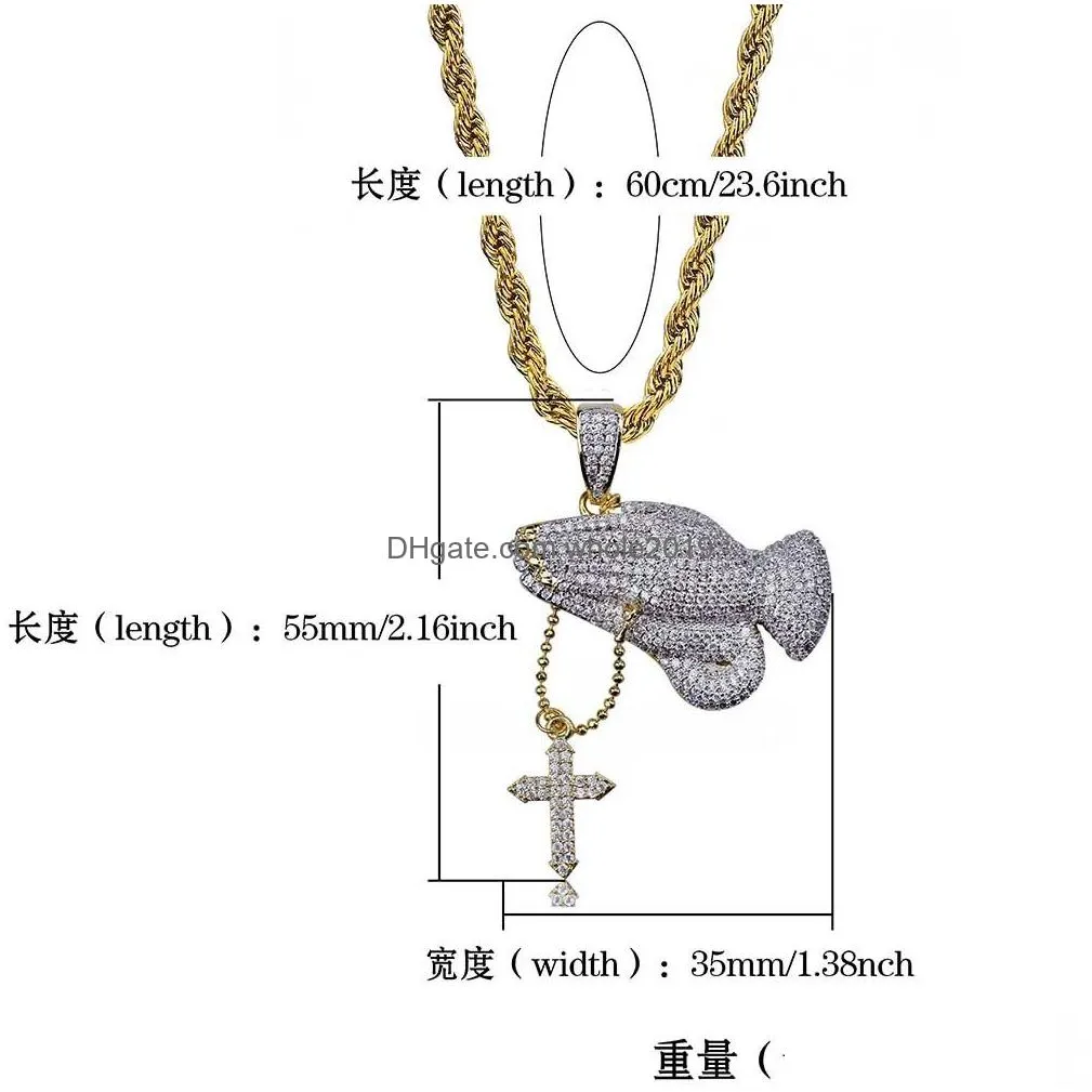 Pendant Necklaces Vintage 18K Gold Plated Christian Cross Prayer Gestures Pendant Necklace Twist Chain Iced Out Cz Zirconia Jewelry Gi Dhwyk