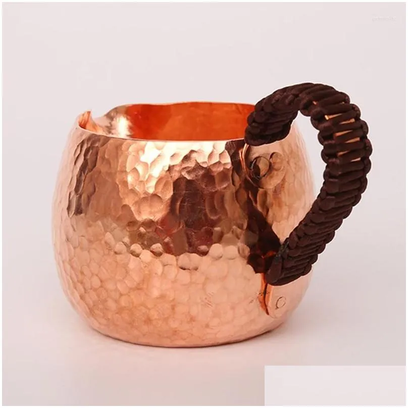 Mugs Pure Copper Coffee Mark Cup Milk Mug Embossed Handcrafted Weave Handle 10Oz Office Cam Drinking Tea Outdoor Drinkware Drop Deliv Dhnnt