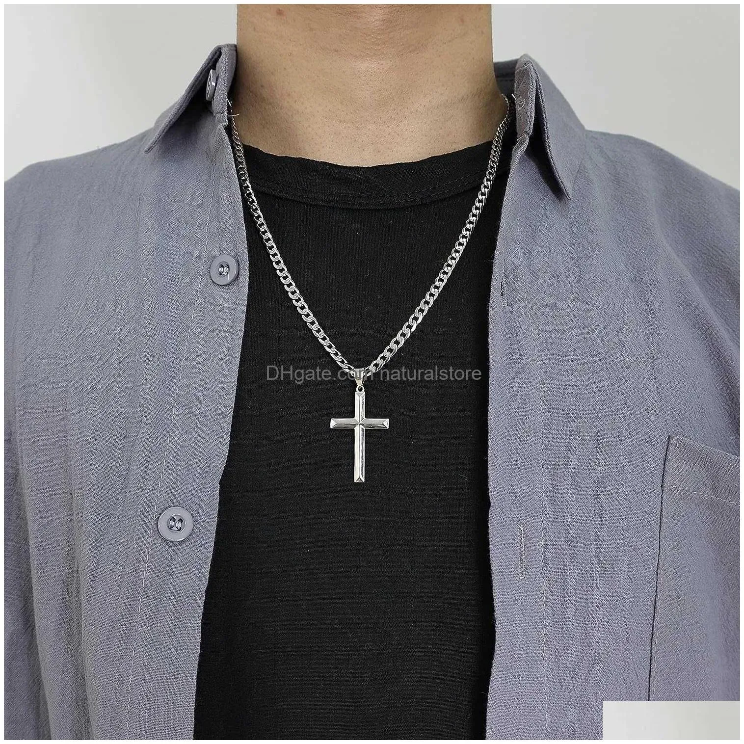 Pendant Necklaces Cameido 925 Sterling Sier Cross Necklace For Men Women With Stainless Steel Diamond Cut Durable Cuban Link Chain Pol Dhxws