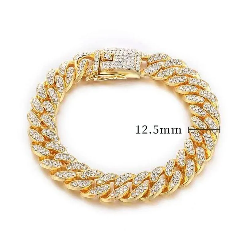 Dog Collars & Leashes Dog Collars Leashes Cuban Necklace Paved Rhinestones 12.5Mm Width Chain Hip Hop Jewelry Gold Color Stainless Ste Dhm4A