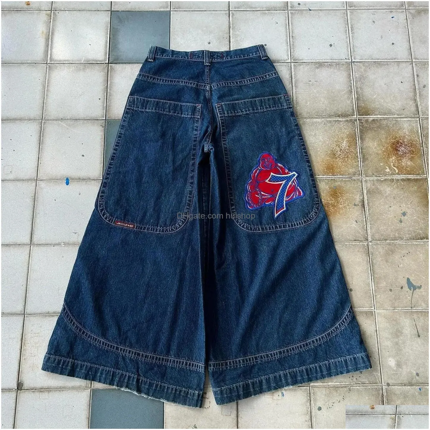 mens jeans retro hip hop number 7 graphic embroidery jnco jeans y2k punk street baggy mens denim pants vintage blue stripe wide leg pants