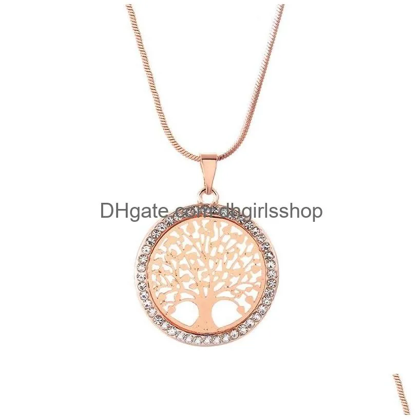 Pendant Necklaces New Fashion Tree Of Life Necklace Crystal Round Small Pendant Rose Gold Sier Colors Elegant Women Jewelry Drop Deliv Dhda7