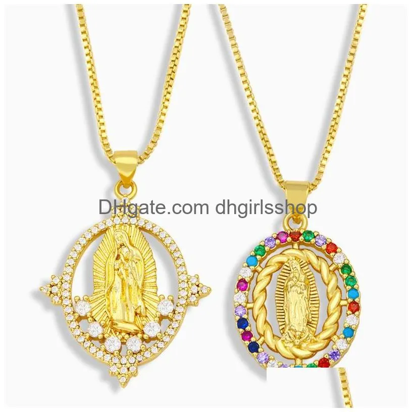 Pendant Necklaces Virgin Mary Necklace For Women 18K Gold Plated Iced Out Link Chain Necklaces Copper Cubic Zirconia Zircon Cz Pendant Dhptw