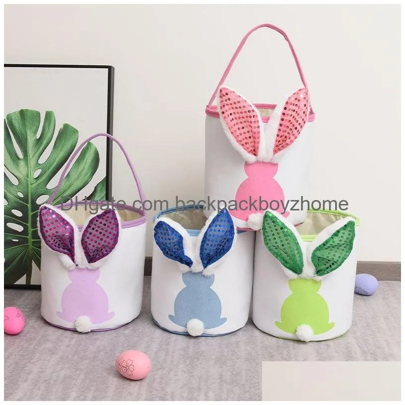 Other Festive & Party Supplies Led Flashing Light Sequin Bunny Easter Basket Handbag Bags Rabbit Egg Hunt Canvas Cotton Bucket Tote Wi Dhu42