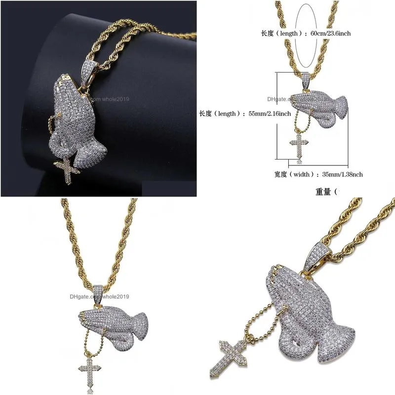 Pendant Necklaces Vintage 18K Gold Plated Christian Cross Prayer Gestures Pendant Necklace Twist Chain Iced Out Cz Zirconia Jewelry Gi Dhwyk