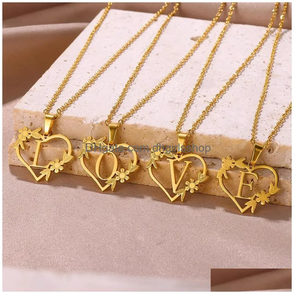 Pendant Necklaces Dainty Flower Initials Necklace For Women Girls 18K Gold Plated Stainless Steel Heart Shape Letter Choker Best Gifts Dhtqp