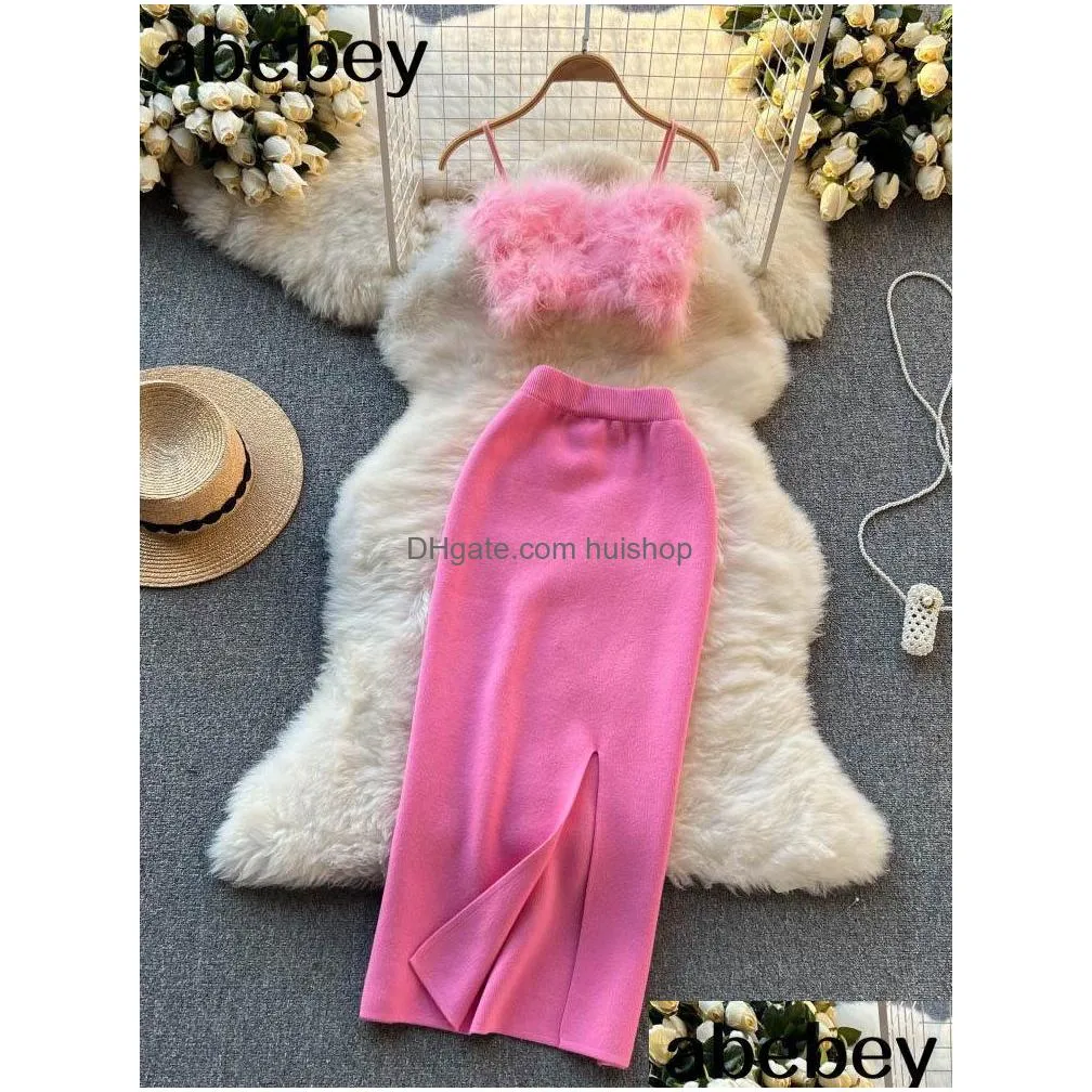 two piece dress pink women knit sets camis sexy short top elastic waist split long skirt fashion solid suits 230104