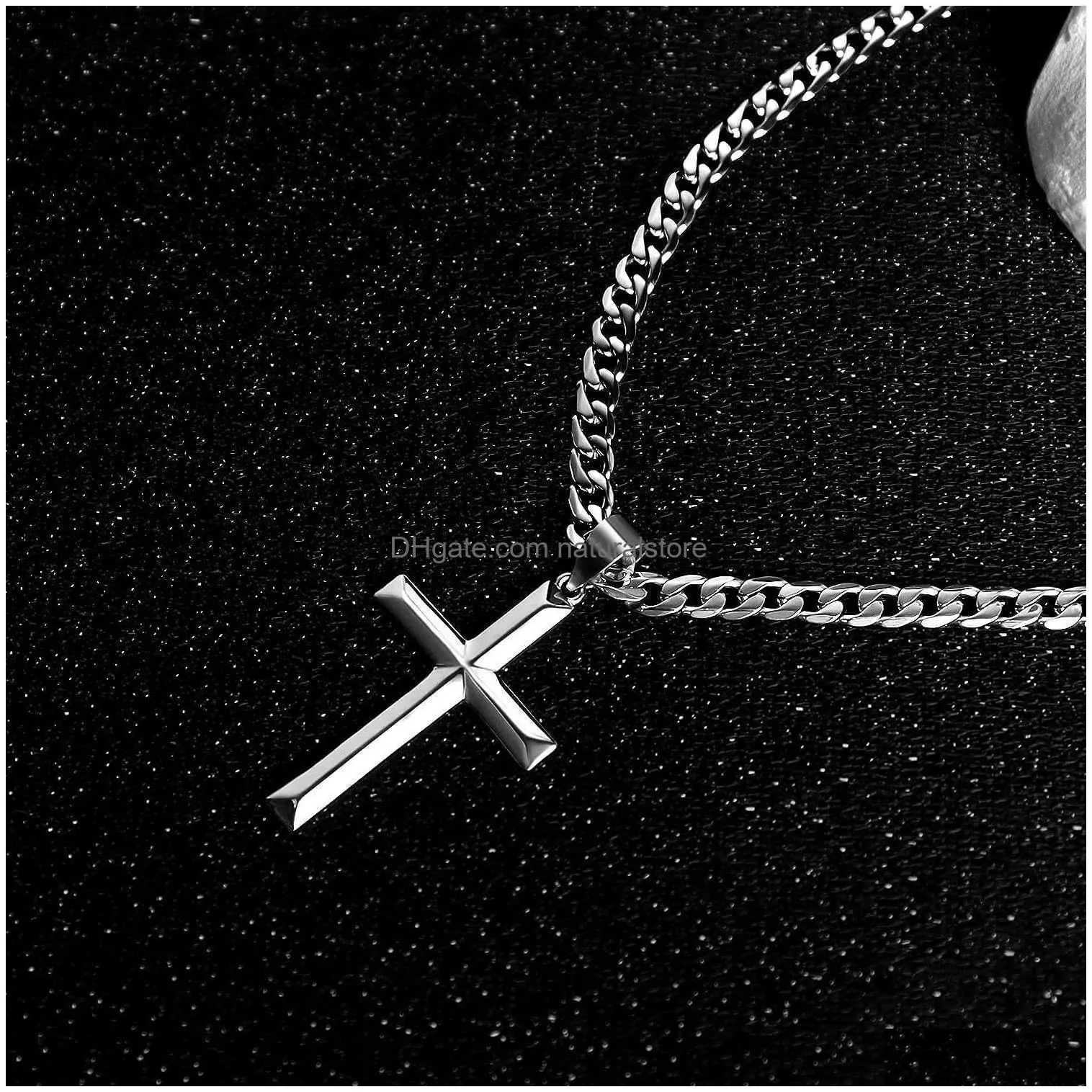 Pendant Necklaces Cameido 925 Sterling Sier Cross Necklace For Men Women With Stainless Steel Diamond Cut Durable Cuban Link Chain Pol Dhxws